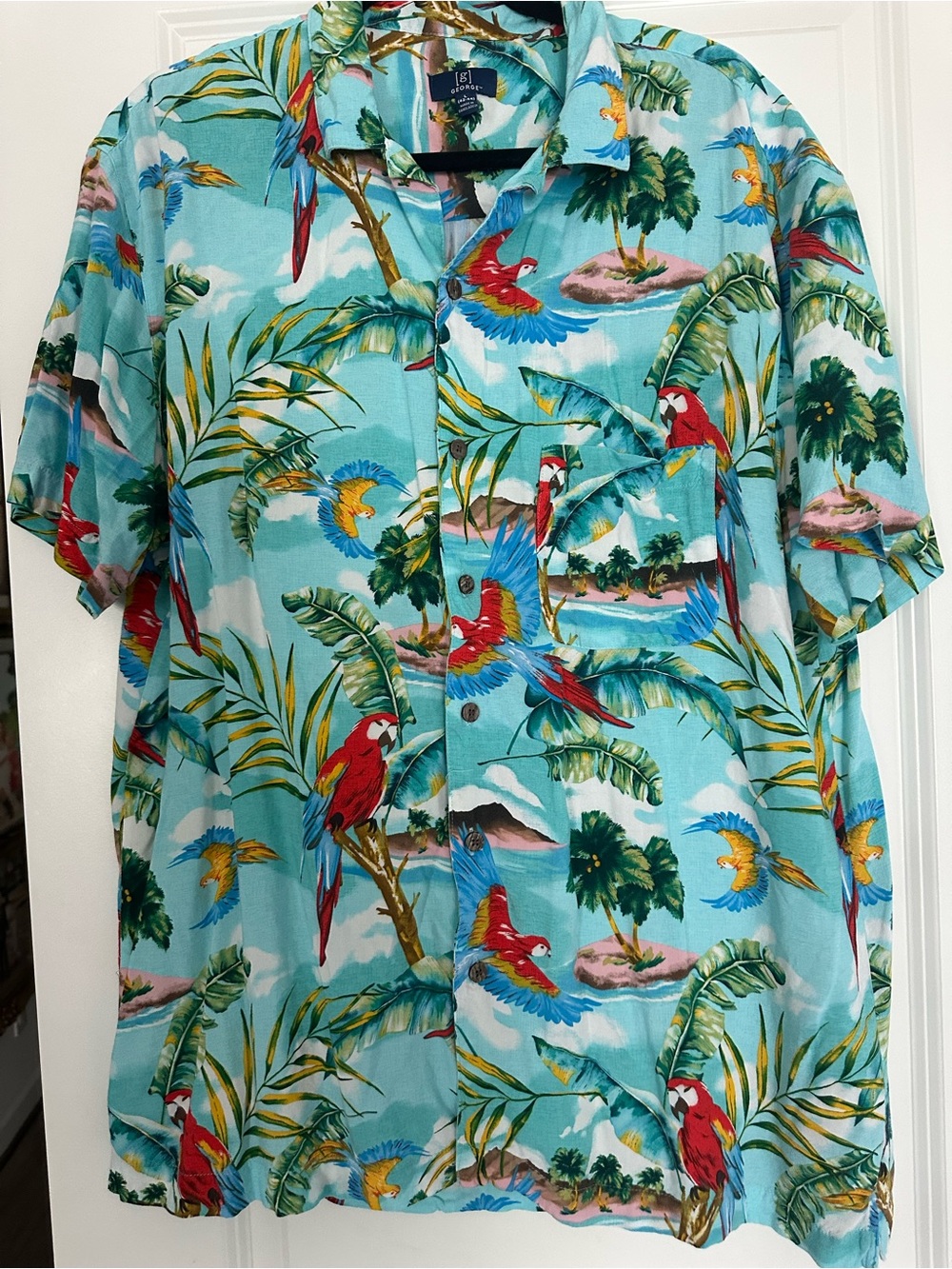George Tropical Parrot Print Short-Sleeve Shirt - Light Blue & Red